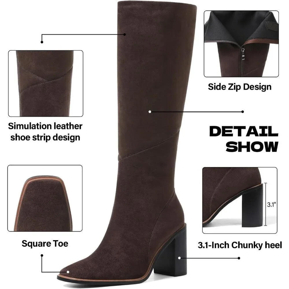 Women’s Polyurethane Chocolate Square Toe Chunky Block Heel Leather Zip Up Boot